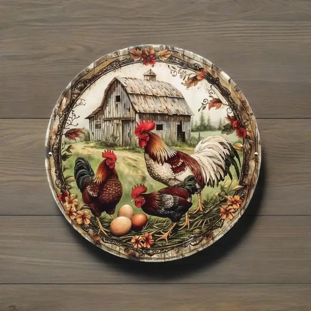 Farmhouse Chicken Metal Art – Rustic Sign with Eggs & Flower Motifs | All-Weather Decor for Indoor Pantries, Outdoor Gardens
