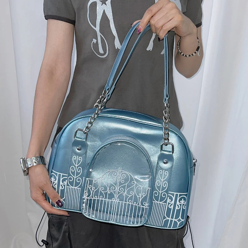 Gothic Ita Bag mit transparentem PVC-Fenster, Damen-Umhängetasche mit Eisentor-Design-Print, Vintage-Handtasche, schwarze Tragetasche – Detail 18