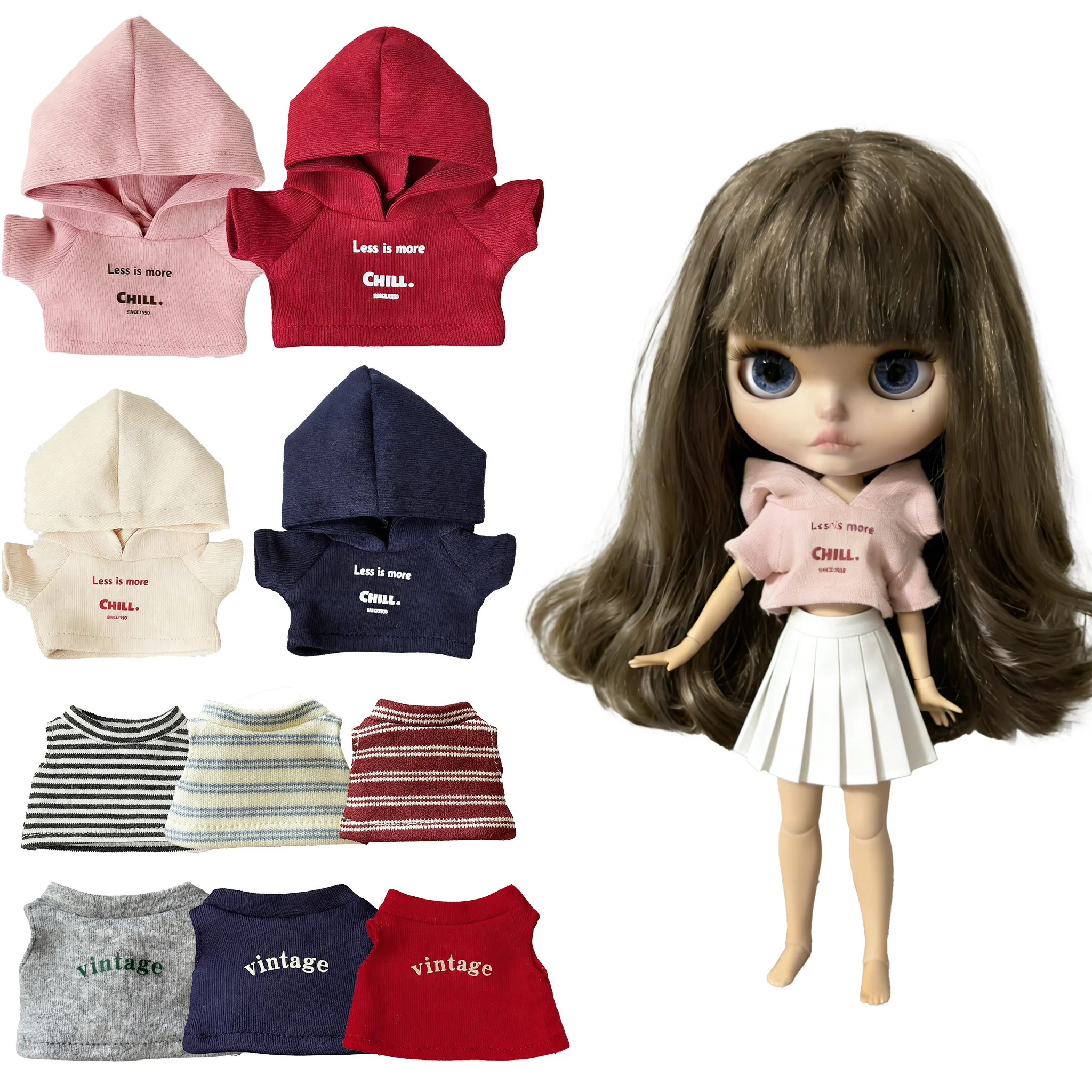 

For Blythe Doll Striped Vest Hoodie Outfit Clothing Solid Color T-Shirt Sweater Clothes Suit OB22 OB24 1/6 Long Leg HelloKitty