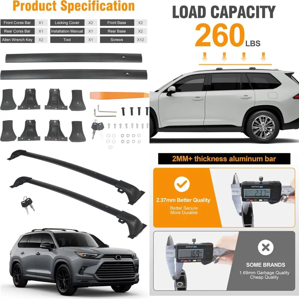 

Прочная черная перекладина багажника на крышу для моделей Toyota Highlander и Lexus TX 2024 года, нагрузка до 260 фунтов, безопасная с металлическими замками