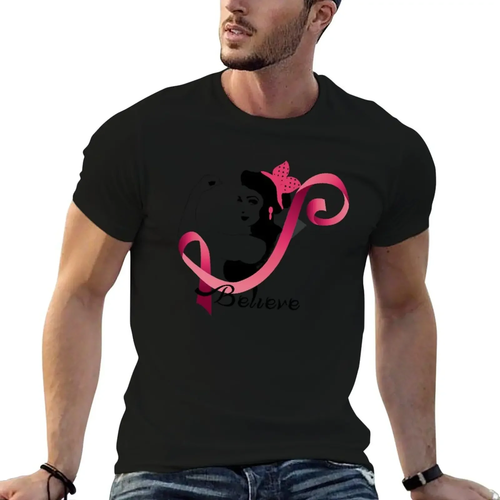 Believe Breast Cancer Awareness Ribbon Survivor Unisex Tee T-Shirt shirts graphic tees plus size tops mens cotton t shirts