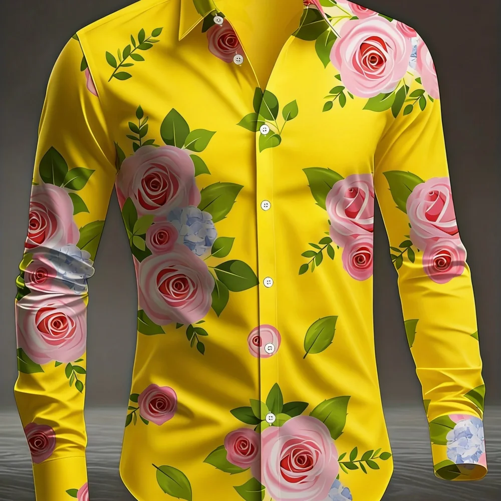 

Men's Long Sleeve Lapel Shirt Rose Print Hawaii Beach Vacation Casual Party High-Quality Comfortable Soft Fabric