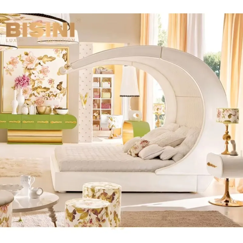 American Country Style Fancy Floral Curved Bed Creative Customized Children Bedroom Furniture Set