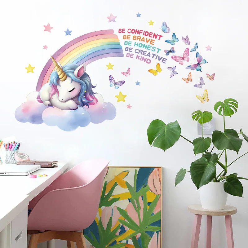 

Rainbow Unicorn Pattern Inspirational English Wall Stickers For Children's Room Home Decoration Kids Bedroom Wall Beautification