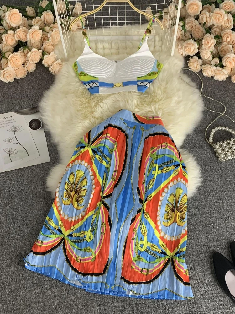 Women Sexy Print Pleat Seaside Vacation Suits Summer Vintage Bra Suspender Vest+high Waist A-line Skirt Two Piece Sets