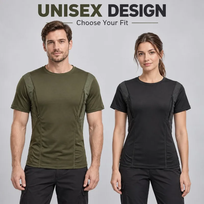 Unisex Holster T Shirt Stretch Short Sleeve Crew Neck Tactical Shirt with Dual Side Pockets Mesh Panels S-5XL
