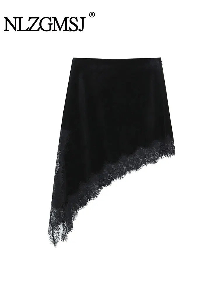 

NLZGMSJ Sexy Lace Splice Skirts Women New Fashion Velvet Asymmetric Hem Skirts For Women Elegant High Waist Party Skirts ﻿