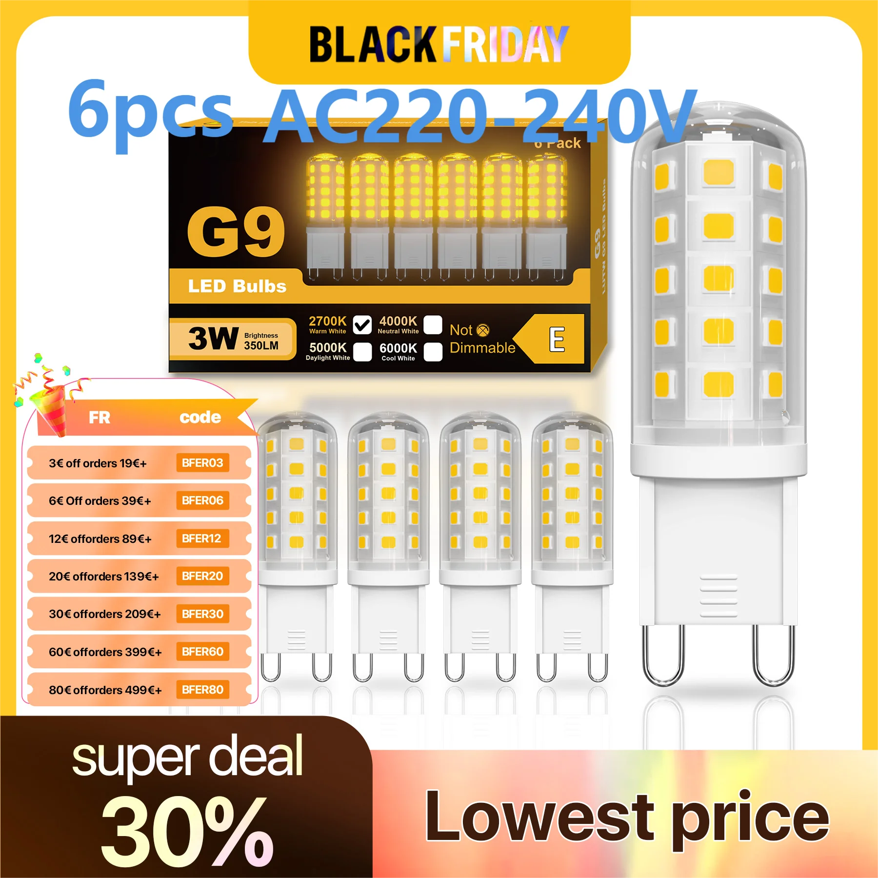 

6pcs G9 LED Bulbs AC220V Warm White 2700K Cool White 6000K 3W Equivalent 30W-40W G9 Halogen Bulb 350LM Energy Saving Light Bulbs