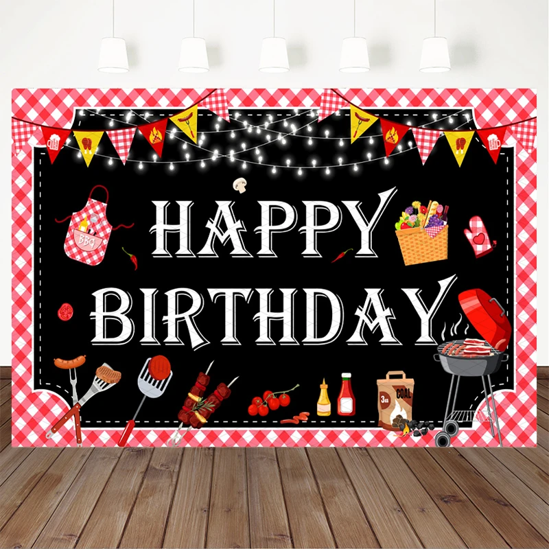 Mocsicka Happy Birthday Photography Backdrop Bbq Red Gingham Check Flag Food Decor Outdoor Barbecue Party Photo Booth Background
