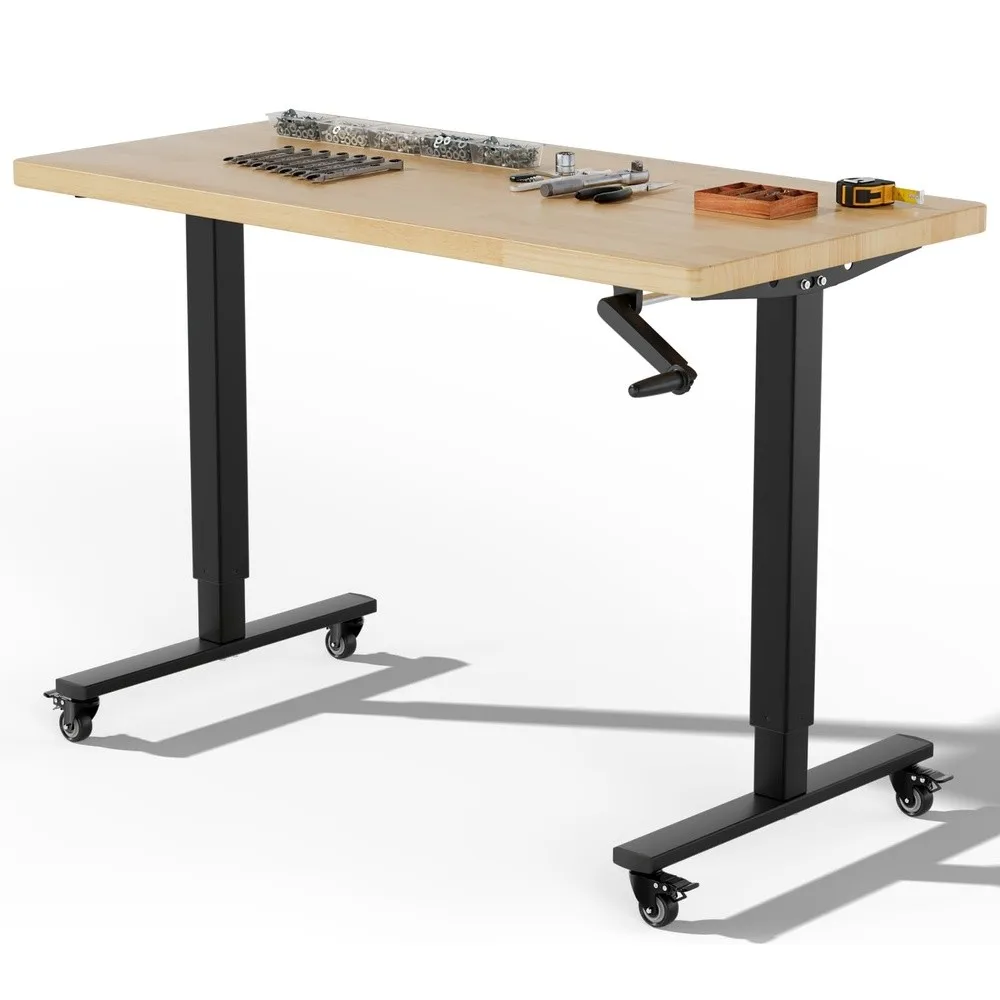 48''Adjustable Height Workbench with Wood Top Hand Crank Lift Mechanism Rolling Tool Work Table with Locking Casters
