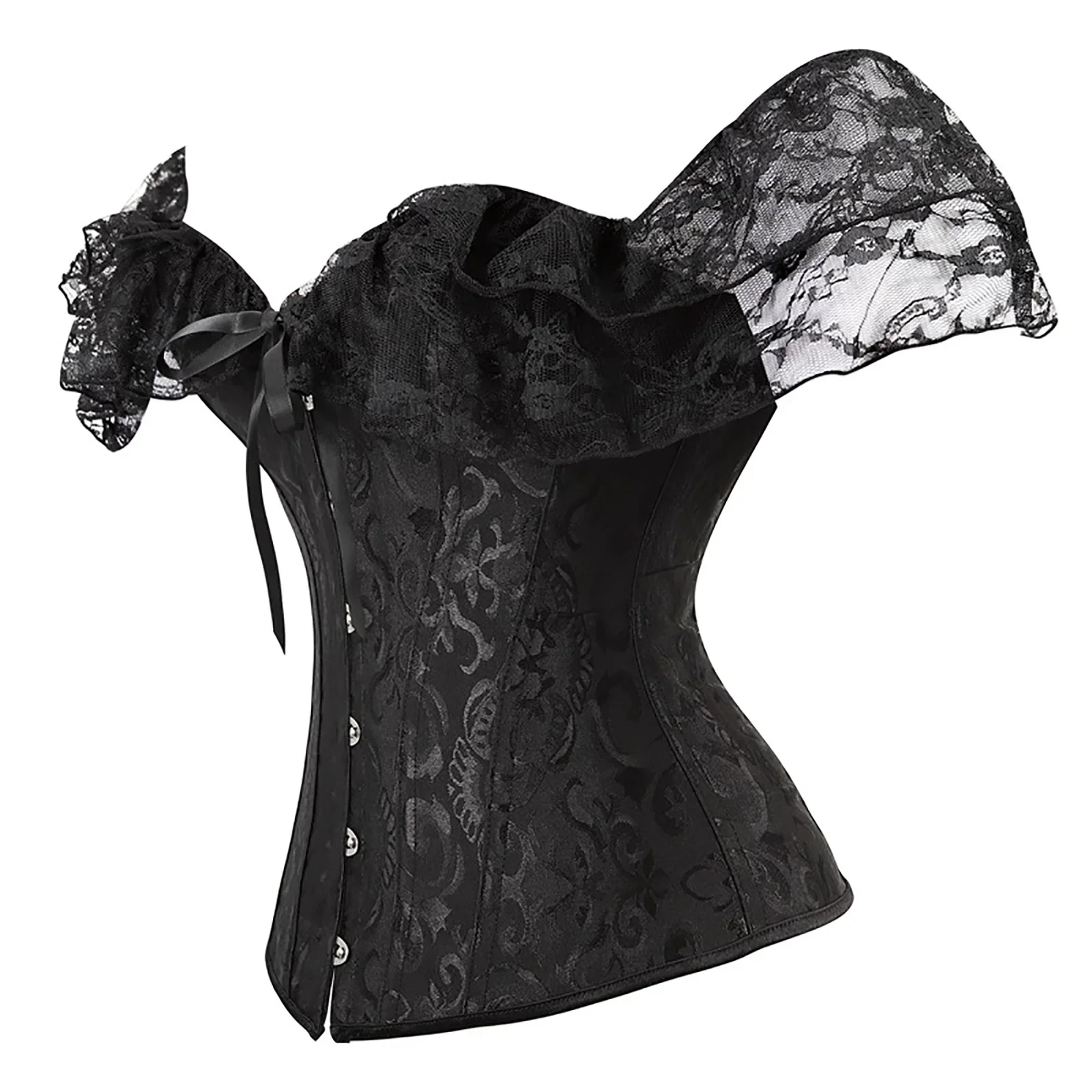 Women's Y2K Vintage Halloween Lace Patchwork Ruffled Short Sleeve Corset Bow Tied Button-down Shapewear Slim Fit Tops