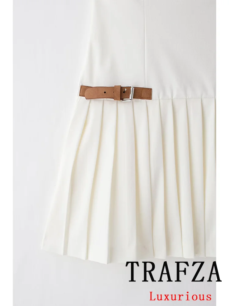 TRAFZA Vintage Chic Casual Women Dress Solid Cami Sleeveless Sashes Pleated Mini Vestidos New Fashion 2024 Summer Holiday Dress