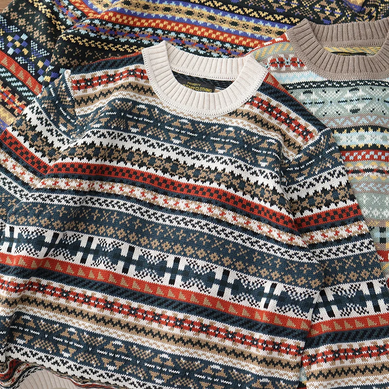 

Осень и зима, новый британский винтажный жаккардовый мужской пуловер Fair Isle, свитер с круглым вырезом и длинными рукавами, свободный модный повседневный трикотаж