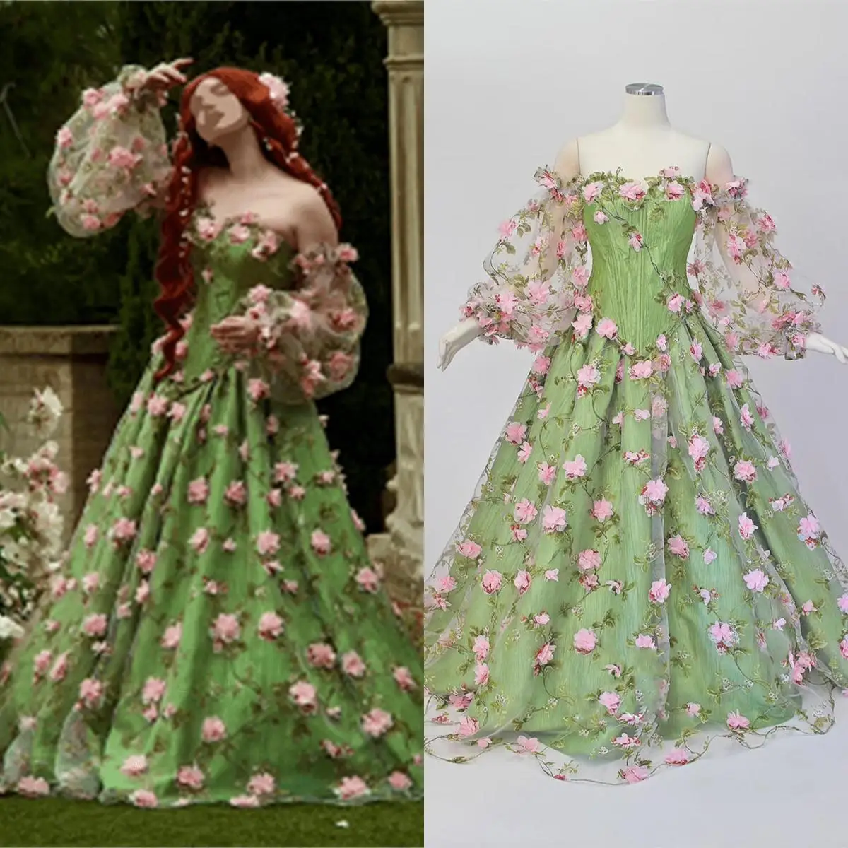 14694 # IENA elegante abito da ballo floreale verde salvia abito da giardino primaverile fiori 3D abito da sera con corsetto in Tulle a cuore