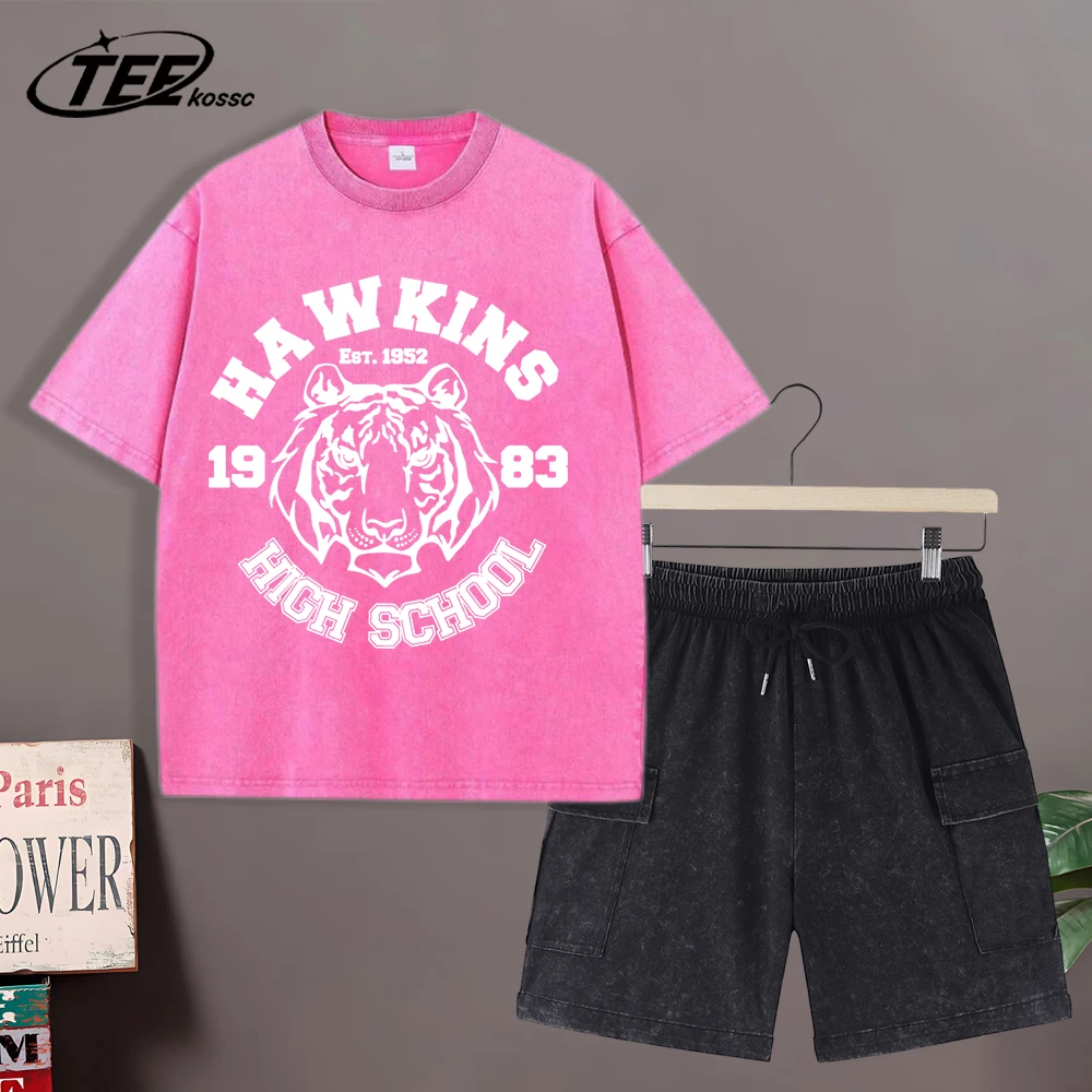 

Hawkins 1983 High School Washed Men T-Shirts Summer Soft T-Shirt Set Crewneck Cotton Top Unisex Fashion Streetwear Clothing