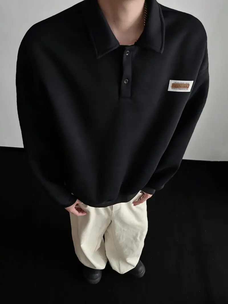 Autumn Men's Casual Solid Color Polo Neck Sweatshirt American Style Couple Loose Long Sleeve Turn down Collar Top Hoodies