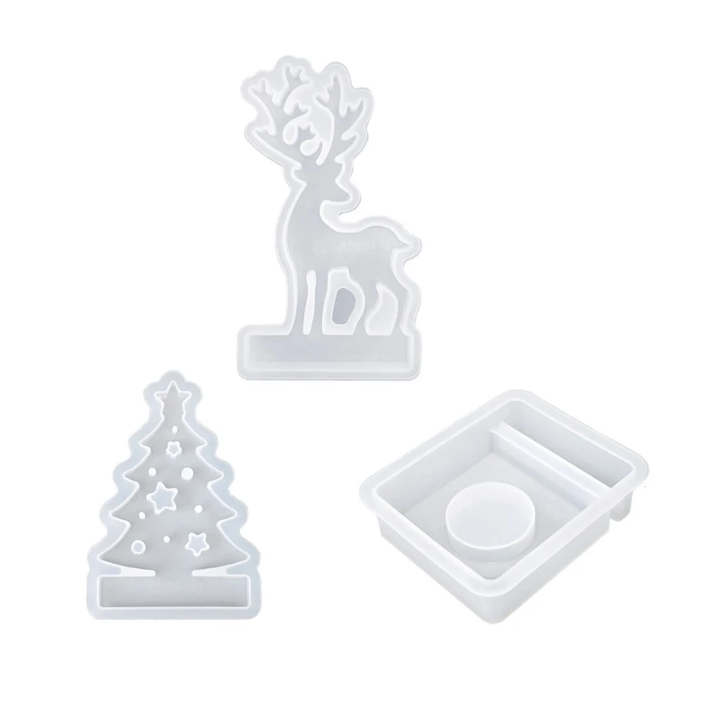 3Pcs Handmade Christmas Tree Deer Figurine Candle Stand Silicone Molds Desktop Decoration Ornaments Candlestick Resin Mould