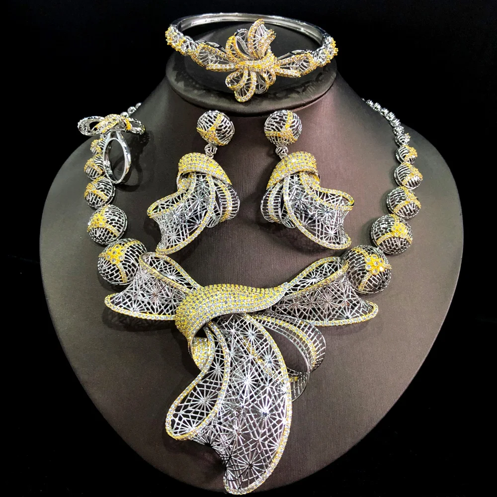 

GODKI Fashion Luxury 4PCS Hollow Bowknots Nigerian Jewelry Set For Women Wedding Zircon Indian African Bridal Jewelry SetS