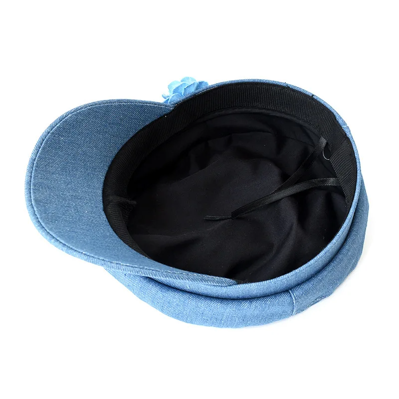 Modische Denim-Baskenmütze mit dreidimensionaler Blume, flacher Schirm, Sonnenhut, Gesichtsverkleinernd, Outdoor-Damen-Kapitänsmütze im Militärstil – Detail 4