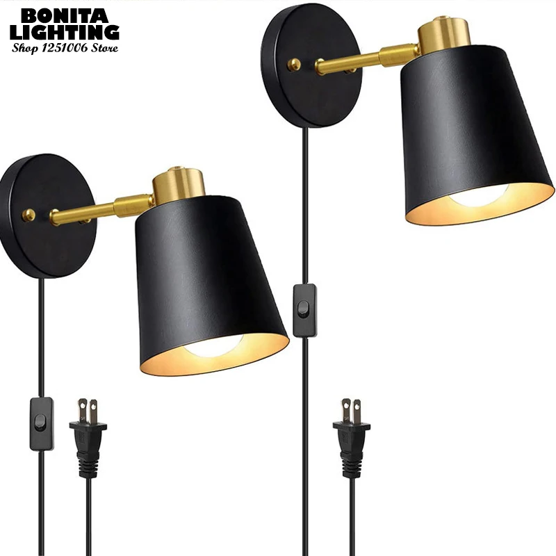 Vintage Industrial Wall Sconce - Adjustable Swing Arm Light for Bedroom, Study, Bar - Bronze Plug-in Wall Lamp Black/White Shade