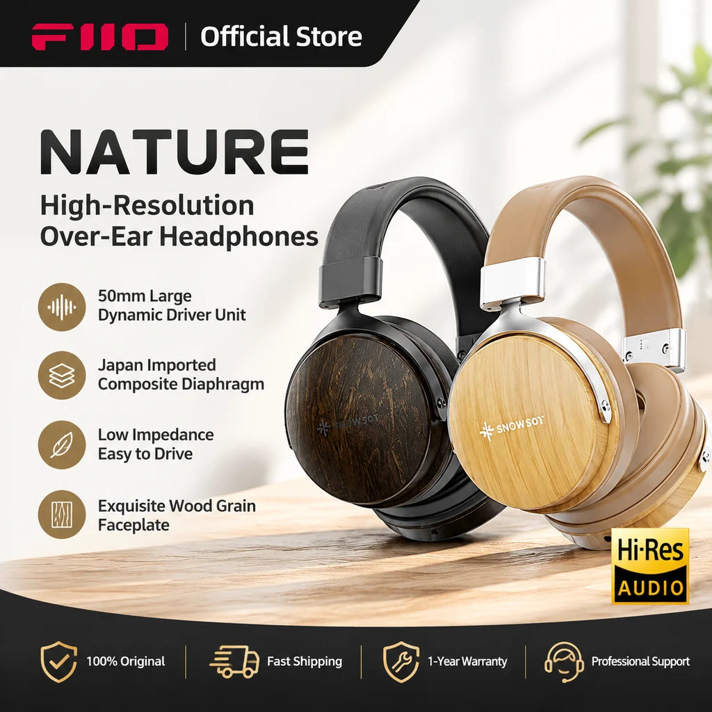 FiiO SnowSky NATURE Wired Over Ear Headphone Black Detachable Dual 3.5MM Cable WithMic HiRes Phone DAC PC Gaming Call Wood Style