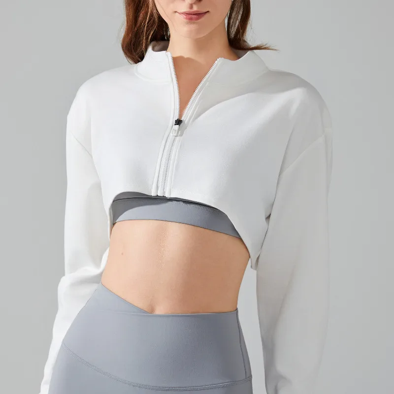 Long Sleeve Stand Collar Sports Jacket Women Yoga Gym Fitness Loose Zipper Sexy Crop Top Skin-friendly Breathable Soft Top