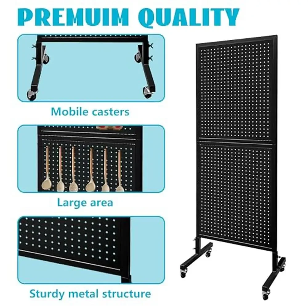 Metal Pegboard Display Stand with Wheels and 30 Hooks Durable Metal Panels Space Efficient Lockable Casters Ideal Garage Retail