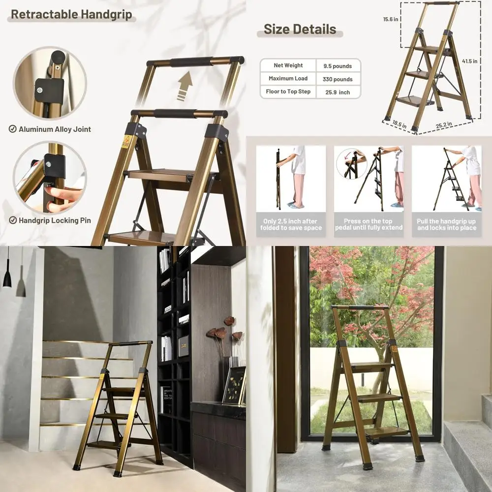 

Алюминиевая трехступенчатая складная лестница с выдвижным поручнем, противоскользящие широкие ступеньки, емкость 330 фунтов для домашнего использования