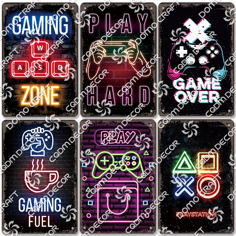 Retro Neon Video Game Poster Metal Tin Signs Game Zone Gamer Play Win Metal Plate Game Room Bar Pub Man Cave Wall Decor