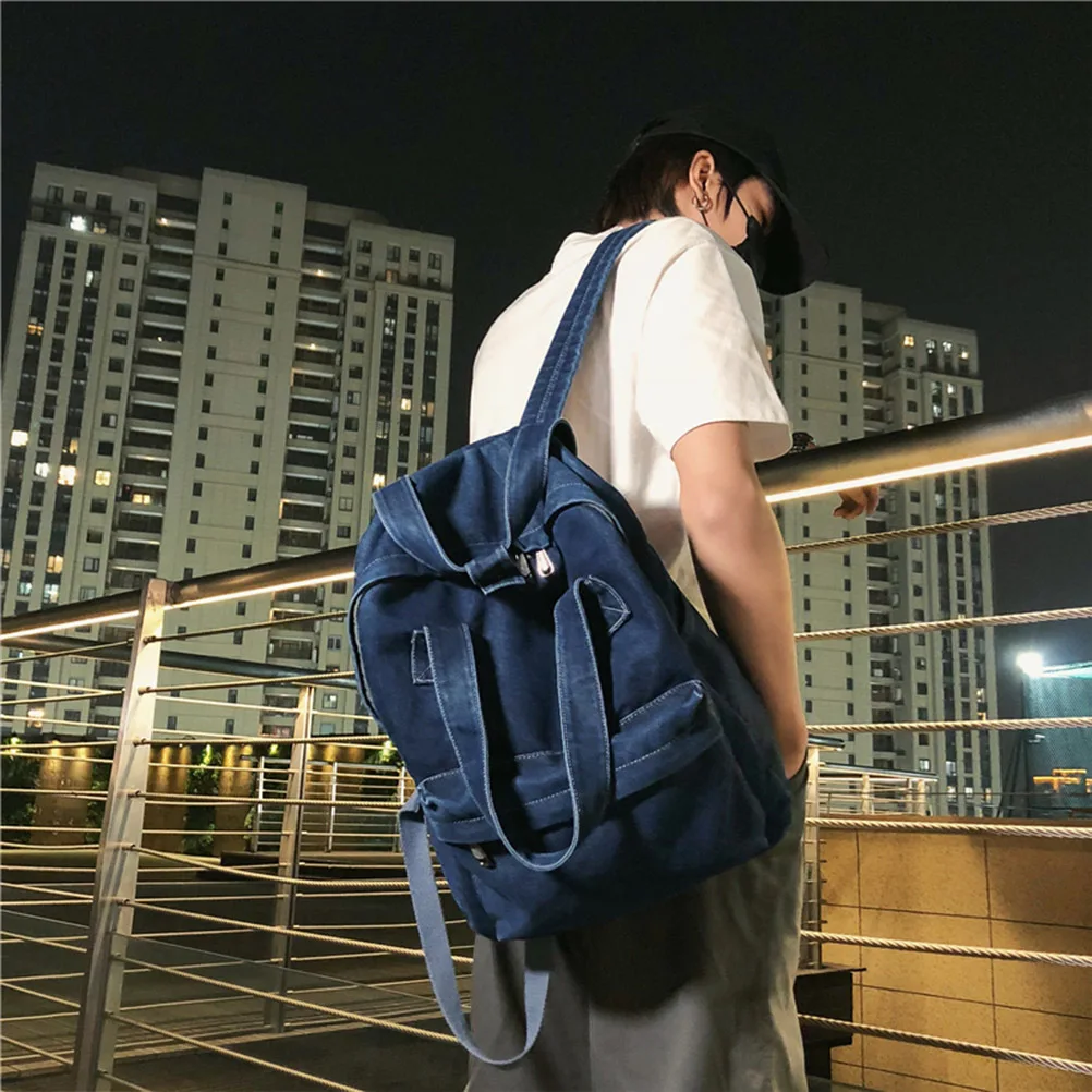 진한 파란색 데님 배낭 대용량 패션 숄더 백 30x11x36cm 남자 여자를위한 학교 학생 가방 데님 배낭