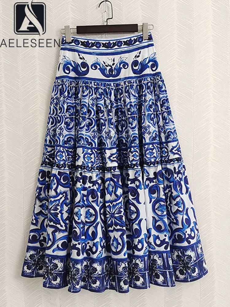 

AELESEEN Runway Fashion 100% Cotton Skirt Women Sicilian High Waist Blue White Porcelain Printed Elegant Holiday Poplin Party