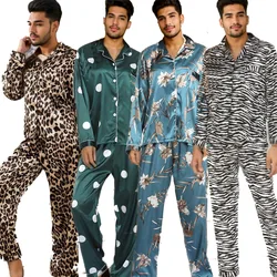 New Spring Summer Men 2PCS Pajamas Set Print Silk Satin Sleepwear Long Sleeve Pijamas Suit Loose Casual Home Clothes Loungewear