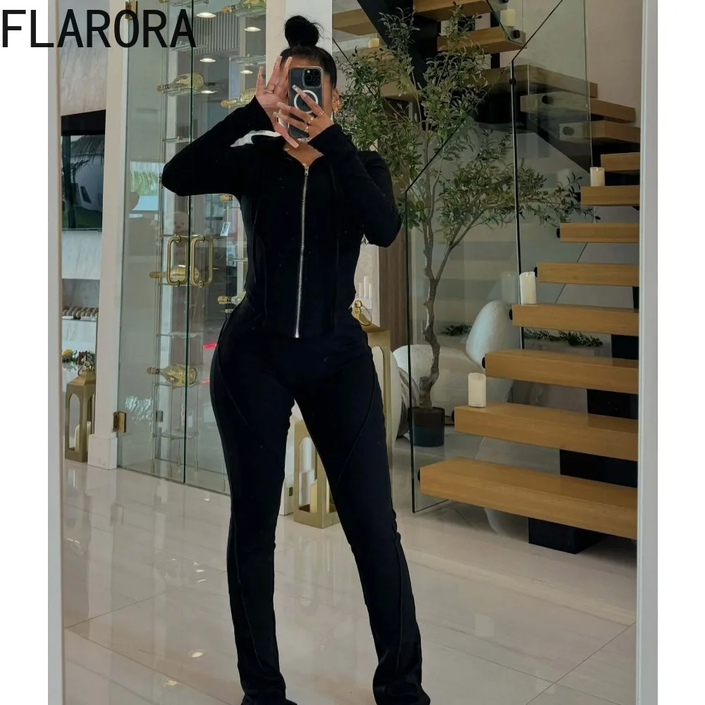 FLARORA-Conjunto deportivo informal de otoño para mujer, chaquetas con capucha y cremallera de manga larga y pantalones acampanados con abertura, ropa de calle, chándales, 2 uds.