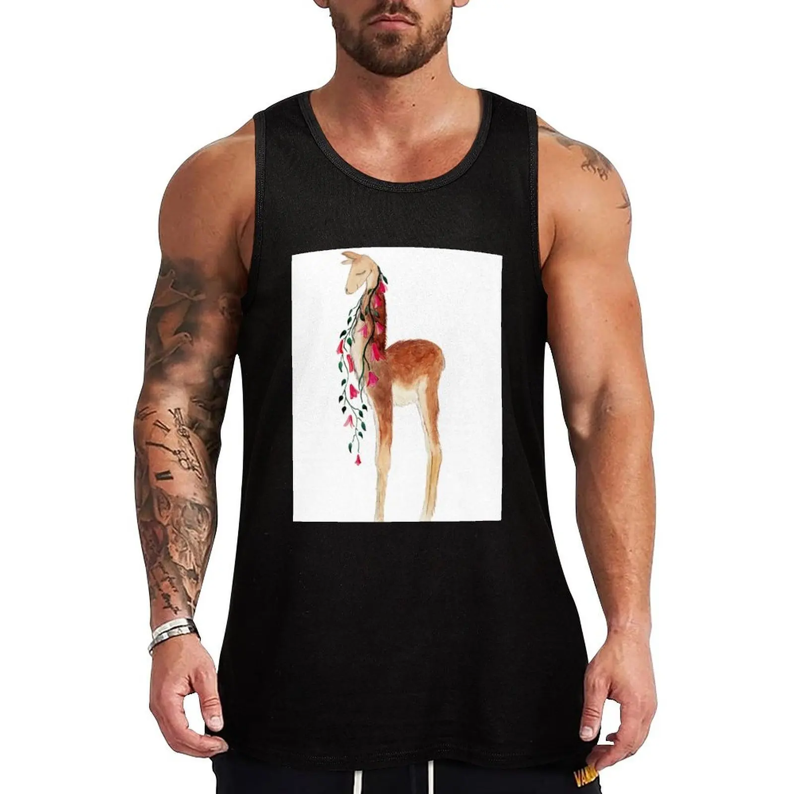 Camiseta sin mangas con estampado de guanaco y copihue (temática de Chile), corte regular, básica, informal