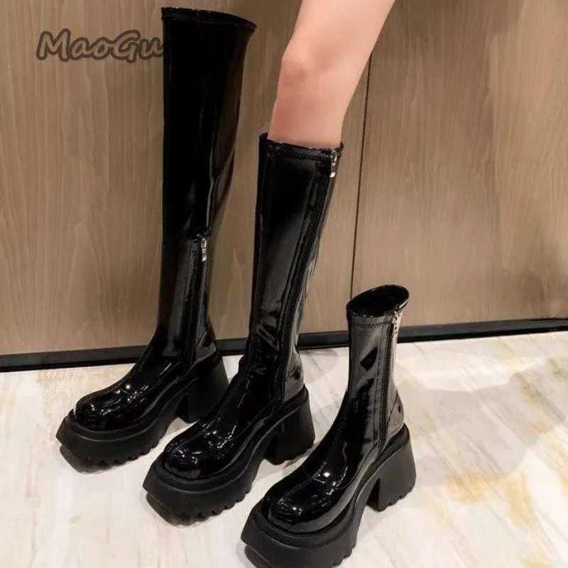 Damen Lackleder-Plateau-Kniehohe Stiefel mit Seitenreißverschluss, klobigem Blockabsatz, hohe Stiefel, modische Damenstiefeletten, Sapato Feminino
