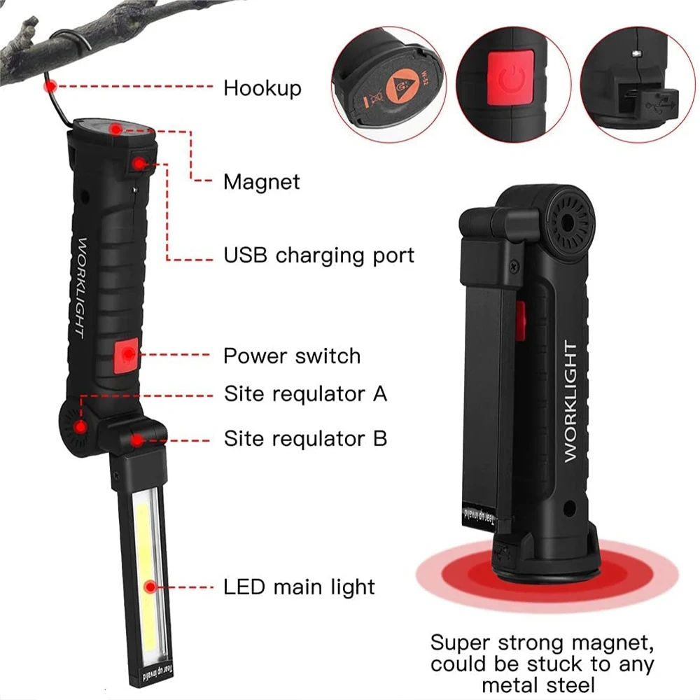 Super Bright LED Flashlight with Built-in Battery Set Multi Function Folding Worklight Waterproof USB Rechargeable Torch Lantern