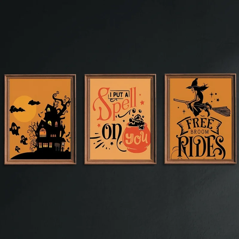 Набор из 3 предметов вертикального ар-деко на Хэллоуин, холст, настенный художественный набор - 30x40 см, продолговатые постеры без рамы с забавным призраком, тыквой и ведьмой Des