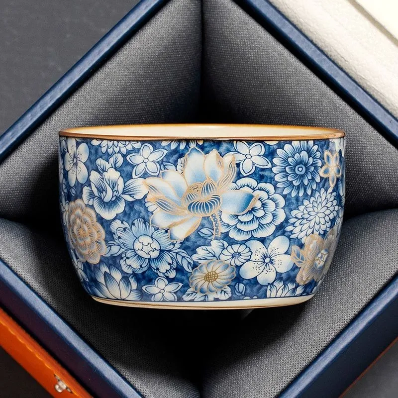 Ru Kiln New Gold Ten Thousand Flowers Straight Rim Ceramic Tea Cup, Chinese High-End Host Cup, Single Tea Tasting Cup