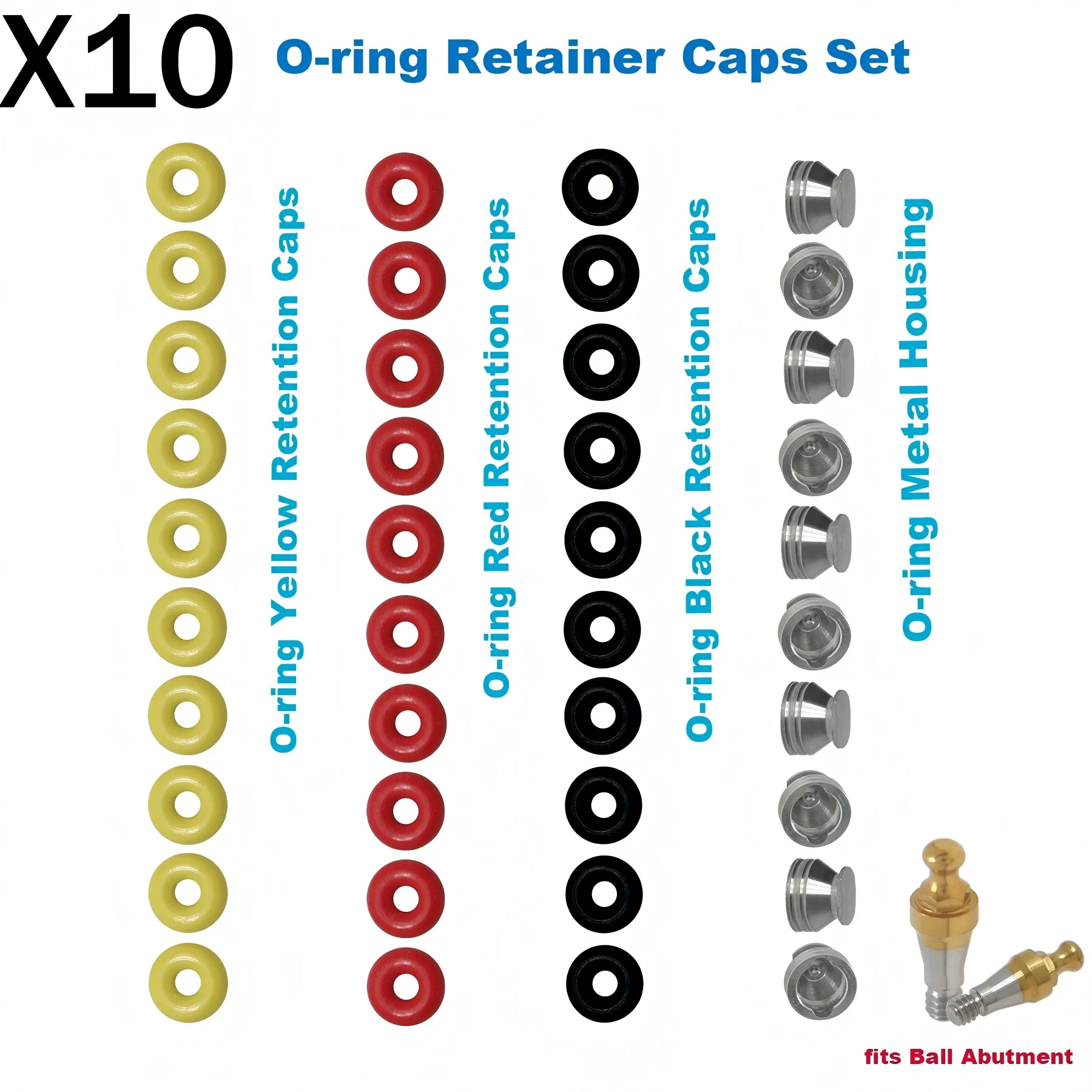 10Pcs Implant Ball Abutment Attachment Kit O-Ring Retention Caps Fit Hiossen Regular/Mini Ball Implant System