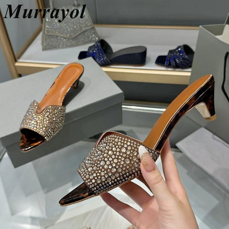 Slippers Kitten Heel Slippers Women Real Leather Bling Rhinestone Pointed Toe Lazy Sandals Ladies Summer Outdoor Vacation Shoes
