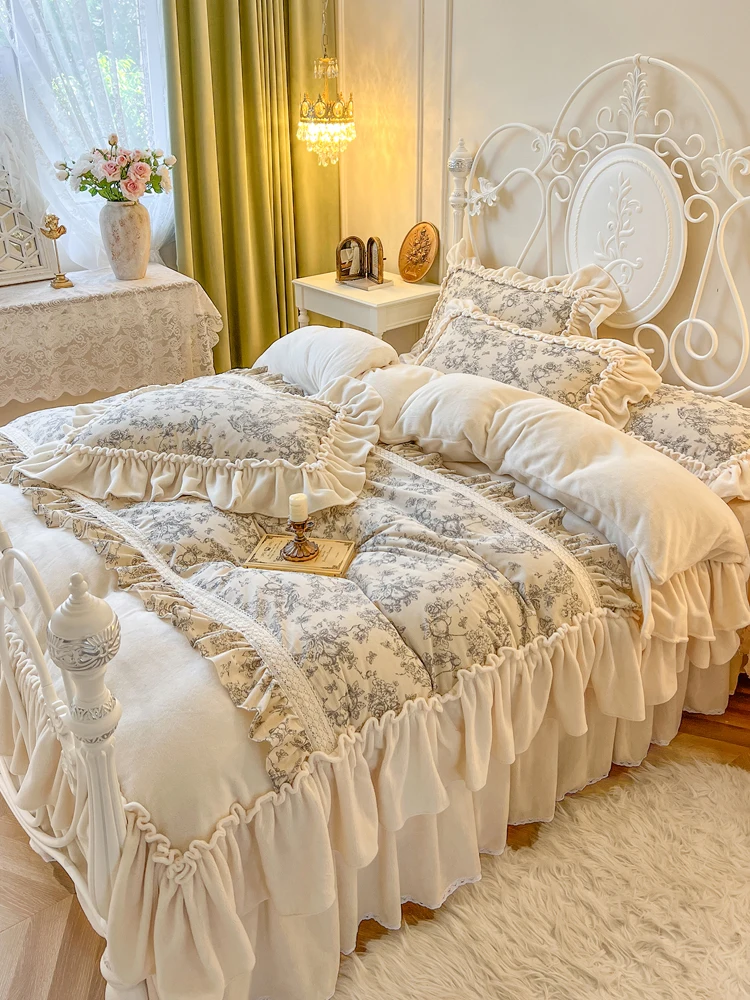 

Retro Thickened Milk Velvet Four-Piece Set Princess Style Double-Sided Plush Lace Bedding Cover Coral Velvet Bed Skirt
