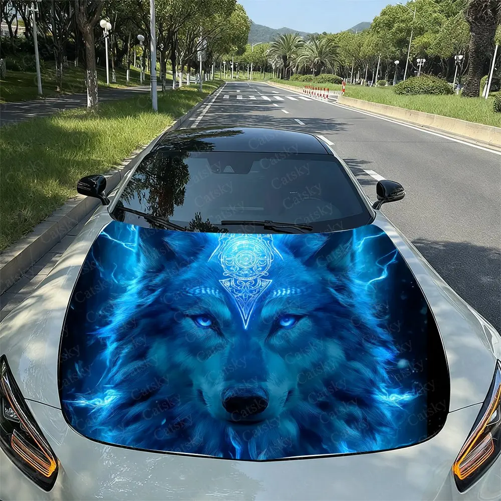 Blue Ice And Snow Wolf Car Hood Sticker, Easy To Install And Remove, Independence Day Car Decoration, Suitable For A-class Sedan