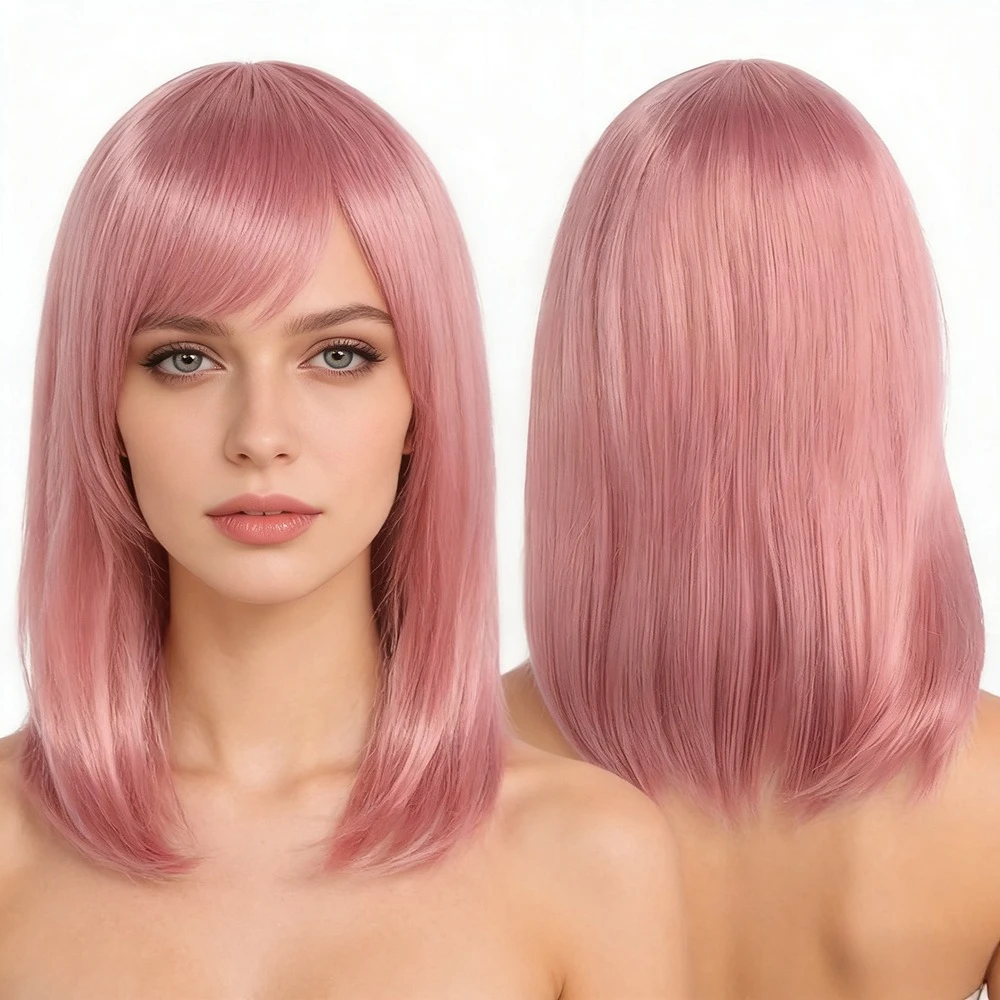 

High Quality 40cm Medium Cosplay Wig With Bang Black Blond Pink Red Blue Purple Heat Resistant Synthetic Hair Wigs