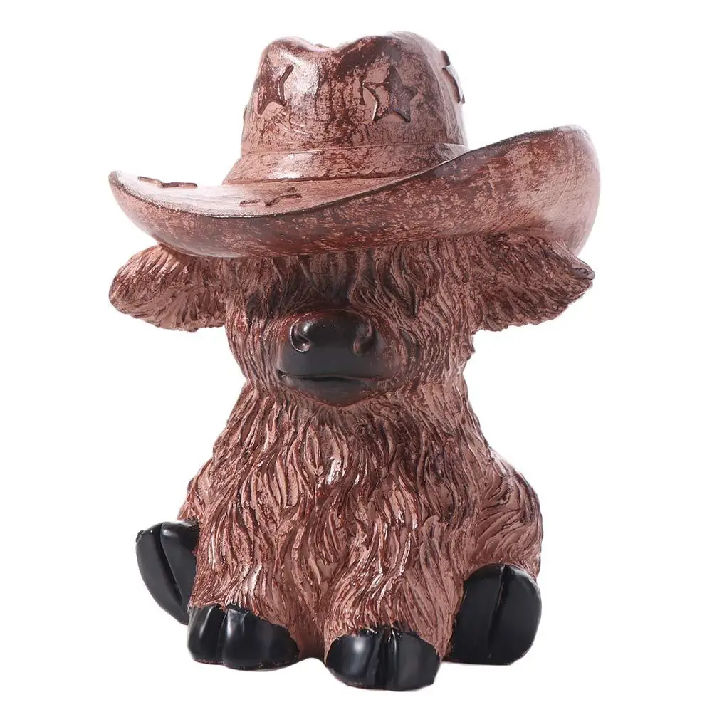 

С ковбойской шляпой, фигурка хайлендской коровы, деревенские изделия из смолы, статуя хайлендского быка, реалистичная скульптура животного для фермерского сада