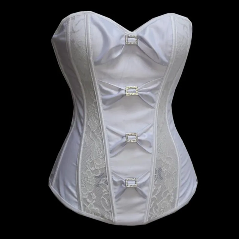 White Bustier Corset Women Sexy Satin Lace Patchwork Side Zipper Fishbone Victorian Corset Overbust Brocade Costume for Wedding