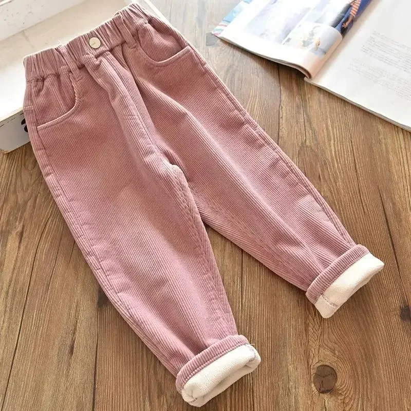 Velvet Lined Corduroy Kids Harem Pants Winter New Elastic High Waist Warm Boys/Girls Pantalones Baggy Thick Plush Children Broek