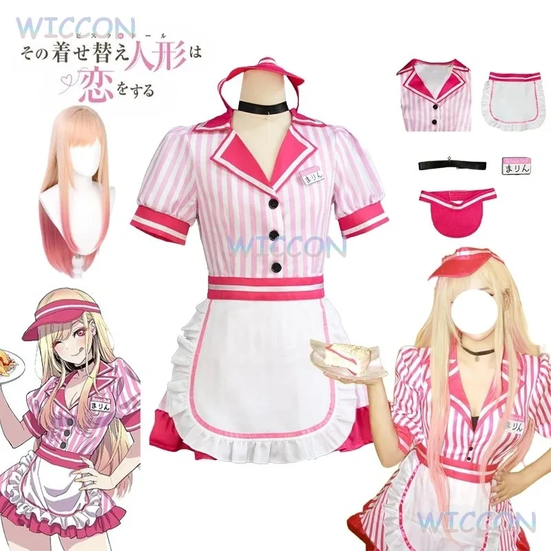 Up Marin Kitagawa-pelucas de disfraz de Darling para Halloween, traje de fiesta de Anime, traje de sirvienta Sexy de Lolita rosa, uniforme JK