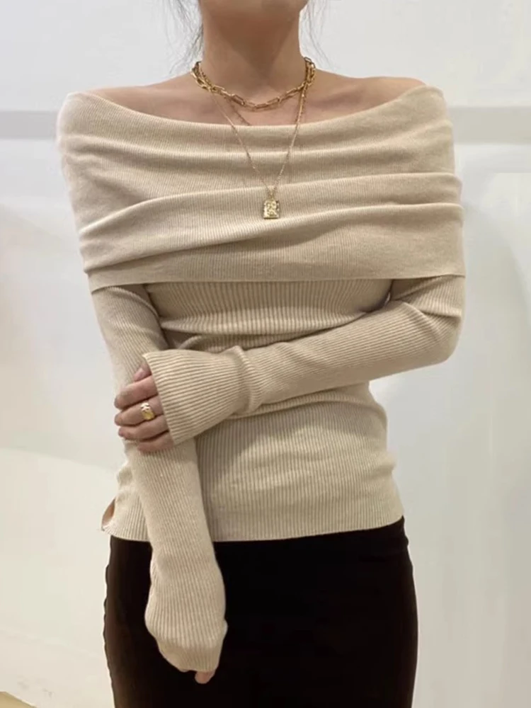 Ele Autumn Winter Knitted Sweater Long Sve One-oulder Bony Exposure Slimming Versatile Women's Faion Commute Sle