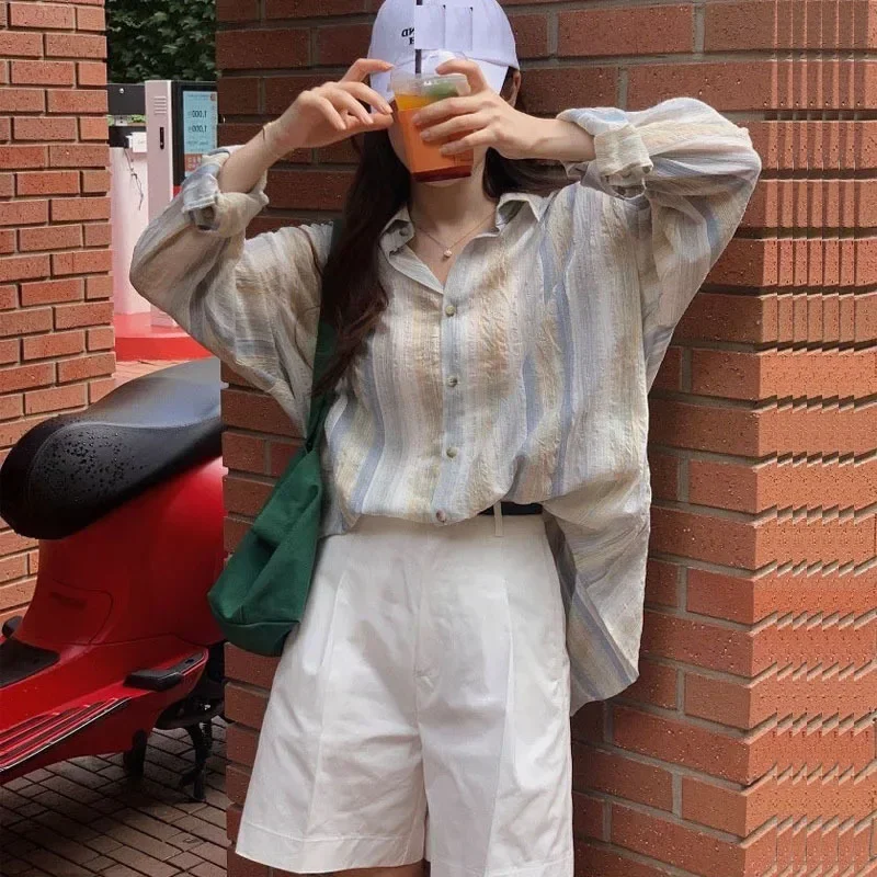 Women Shirts Casual Loose Vertical Stripe Blouses Long Sleeve Sunscreen Office Lady Fashion Female Cardigan Summer 2025