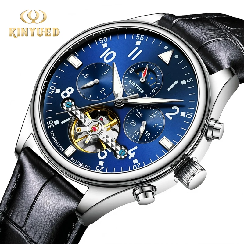 

KINYUED Деловые мужские часы с кожаным ремешком, водонепроницаемые автоматические механические наручные часы с датой, роскошные часы с турбийоном для мужчин, Reloj